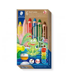 Staedtler Noris Junior Pack de 6 Lapices de Colores Extragruesos + Sacapuntas - 3 en 1, Lapiz, Cera y Acuarelable - Colores Surt