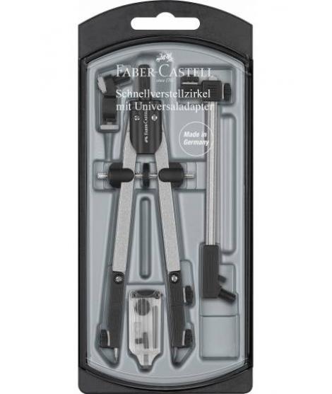 Faber-Castell Compas de Ajuste Rapido con Alargadera - Articulaciones en ambos Brazos - Accesorios de Recambio - Adaptador Unive