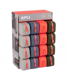 Apli Neon Expositor de 16 Estuches de Silicona Rectangular - Cremallera Repelente al Agua - Medidas 75x185x55mm - Colores Surtid