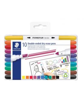 Staedtler Lumocolor 3010 Pack de 10 Marcadores para Pizarra Blanca - Doble Punta Biselada y Conica - Tinta Base de Agua - Colore