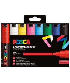 Posca PC-8K/8C Estuche de 8 Marcadores de Pintura - Punta Biselada Acrilica 8mm - Tinta Base al Agua - Resistente a la Luz - Col