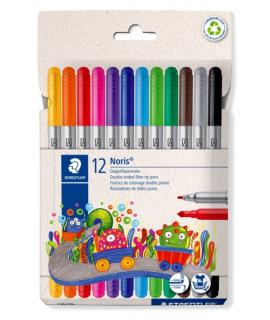 Staedtler Noris 320 Pack de 12 Rotuladores - Doble Punta de Fibra - Trazos 1 y 3mm - Tapa Ventilada - Colores surtidos