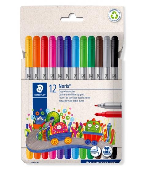 Staedtler Noris 320 Pack de 12 Rotuladores - Doble Punta de Fibra - Trazos 1 y 3mm - Tapa Ventilada - Colores surtidos