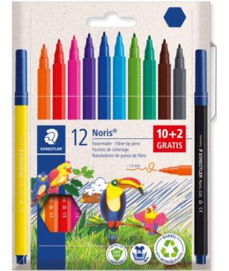 Staedtler Noris 326 Pack de 12 Rotulador de Punta Fina - Trazo 1mm - Tina Base de Agua - Tapa Ventilada - Colores surtidos