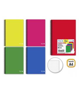 Golden Basic Pack de 5 Cuadernos A4 80 Hojas 90gr Cuadricula 4x4 - Ideal para Estudiantes - Tapa Polipropileno - Colores Surtido