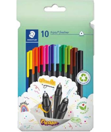 Staedtler Triplus Fineliner 334 Pack de 10 Rotuladores de Punta Fina en Envase de Carton - Trazo de 0.3mm Aprox - Diseño Ergonom