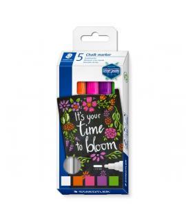 Staedtler Lumocolor 344 Pack de 5 Marcadores de Tiza Liquida - Trazo 2.4 mm Aprox - Facil Limpieza - Colores Surtidos