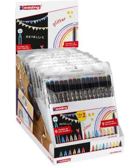 Edding 1200 Expositor con 15 Packs de 15 Rotuladores - Punta Redonda - Tinta con Base de Agua - Colores Metalicos y Purpurina Su