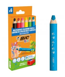 Bic Kids Multisuperficie Pack de 6 Lapices de Colores + Sacapuntas - Cuerpo Triangular - Minas Borrables en Superficies No Poros
