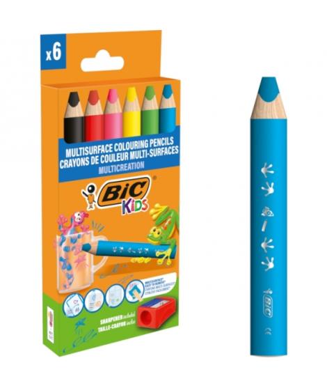 Bic Kids Multisuperficie Pack de 6 Lapices de Colores + Sacapuntas - Cuerpo Triangular - Minas Borrables en Superficies No Poros