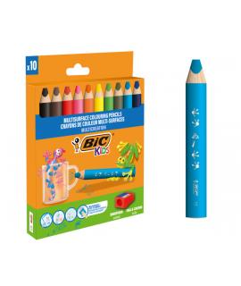 Bic Kids Multisuperficie Pack de 10 Lapices de Colores + Sacapuntas - Cuerpo Triangular - Minas Borrables en Superficies No Poro