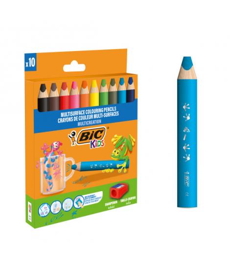 Bic Kids Multisuperficie Pack de 10 Lapices de Colores + Sacapuntas - Cuerpo Triangular - Minas Borrables en Superficies No Poro