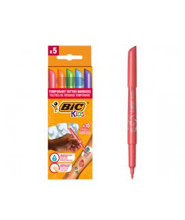 Bic Kids Tatuajes Pack de 5 Rotuladores + 10 Plantillas para Tatuajes Temporales - Tinta Dermatologicamente Testada y Sin Perfum