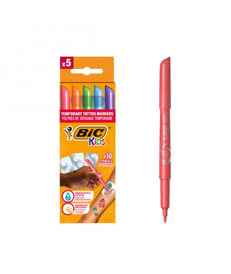 Bic Kids Tatuajes Pack de 5 Rotuladores + 10 Plantillas para Tatuajes Temporales - Tinta Dermatologicamente Testada y Sin Perfum
