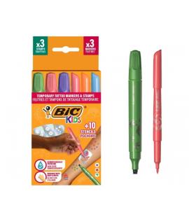 Bic Kids Tatuajes Temporales Pack de 3 Sellos + 3 Rotuladores + 10 Plantillas - Tinta Dermatologicamente Testada y Sin Perfume -