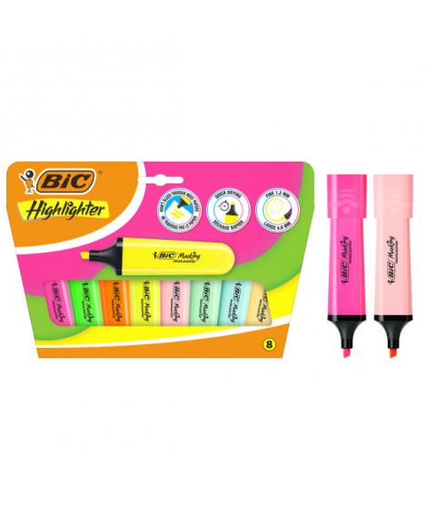 Bic Marking Highlighter Flat Pack de 8 Marcadores Fluorescentes - Punta Biselada - Trazo entre 1.20 y 4.60 mm - Tinta con Base d