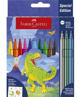 Faber-Castell Edicion Dinosaurios Pack de 13 Rotuladores de Colores - 10 Colores Clasicos + 3 Colores Metalizados - Incluye Pega