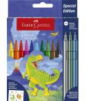 Faber-Castell Edicion Dinosaurios Pack de 13 Rotuladores de Colores - 10 Colores Clasicos + 3 Colores Metalizados - Incluye Pega