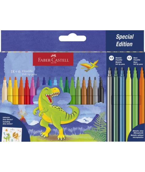 Faber-Castell Edicion Dinosaurios Pack de 24 Rotuladores de Colores - 18 Colores Clasicos + 3 Colores Metalizados + 3 Colores Ne