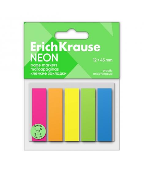 ErichKrause Pack de 5 Blocs de 25 Marcadores de Pagina de Plastico 12x45mm - Colores Amarillo, Azul, Naranja, Verde y Rosa Neon