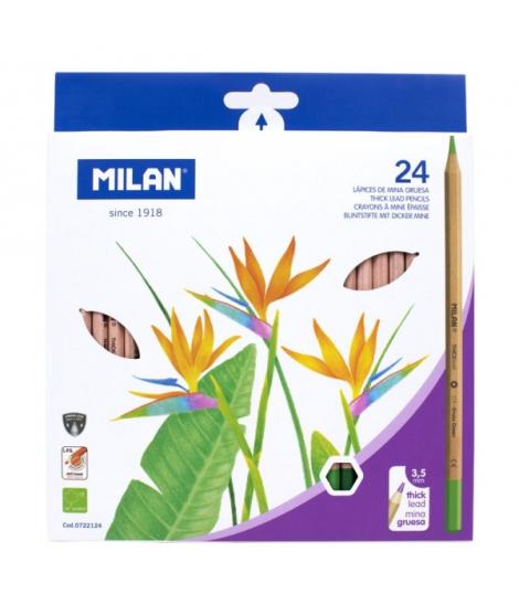 Milan Pack de 24 Lapices Hexagonales de Colores - Mina Gruesa 3.5mm - Resistente a la Rotura - Madera Certificada FSC - Colores 