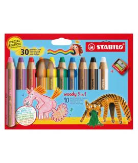 Stabilo Woody 3 en 1 30º Aniversario Unicornio y Tigre Pack de 10 Lapices de Colores + Sacapuntas - Lapiz de Color, Cera y Acuar
