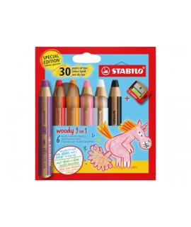 Stabilo Woody 3 en 1 30º Aniversario Unicornio Pack de 6 Lapices de Colores + Sacapuntas - Lapiz de Color, Cera y Acuarela, Todo