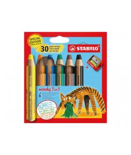 Stabilo Woody 3 en 1 30º Aniversario Tigre Pack de 6 Lapices de Colores + Sacapuntas - Lapiz de Color, Cera y Acuarela, Todo en 