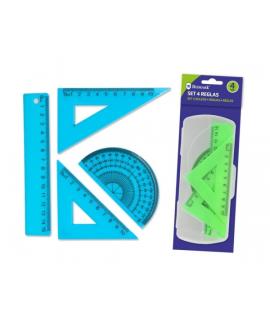 Bismark Pack de 4 Reglas para Dibujo - Incluye Regla 15cm, Escuadra 10cm, Cartabon 10cm y Transportador de Angulos - Caja Portad
