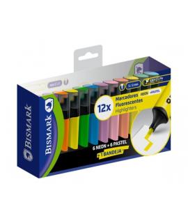 Bismark Pack de 12 Marcadores Fluorescentes - Punta Biselada 2 - 5mm Aprox - Tinta Base de Agua - Larga Duracion - Colores Neon 