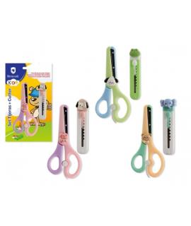 Bismark Kids Pack de Tijera Escolar + Cuter - Mangos en Plastico - Punta Roma - 3 Diseños Surtidos