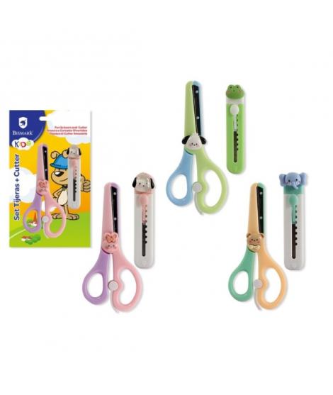 Bismark Kids Pack de Tijera Escolar + Cuter - Mangos en Plastico - Punta Roma - 3 Diseños Surtidos