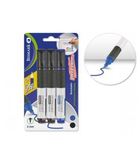 Bismark Pack de 3 Rotuladores para Pizarra Blanca con Grip - Punta Redonda 3mm - Colores Negro y Azul