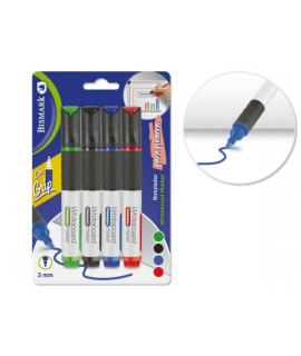 Bismark Pack de 4 Rotuladores para Pizarra Blanca con Grip - Punta Redonda 3mm - Colores Surtidos
