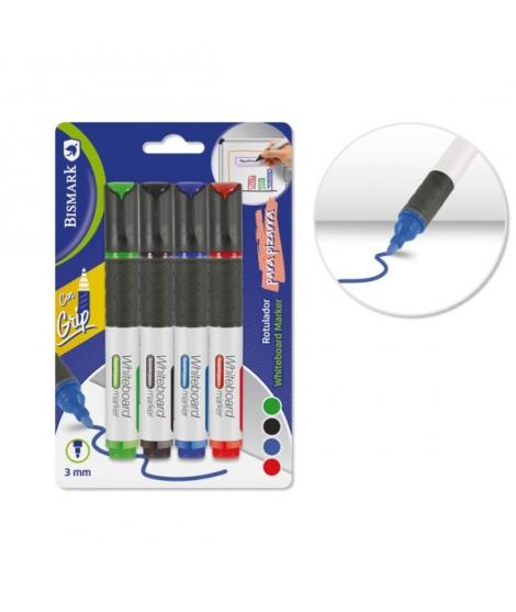 Bismark Pack de 4 Rotuladores para Pizarra Blanca con Grip - Punta Redonda 3mm - Colores Surtidos