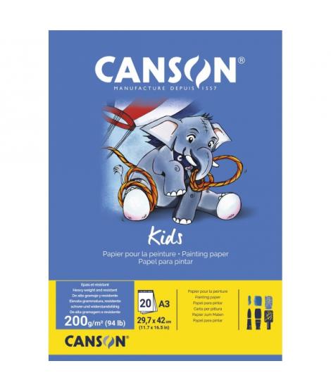Canson Kids Bloc para Pintar A3 20 Hojas 200 g/m² - Grano Ligero - Certificado FSC - Color Blanco