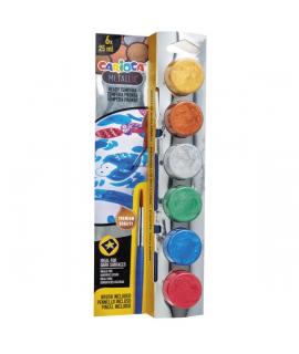 Carioca Metallic Pack de 6 Temperas en Botes de 25ml + Pincel - Superlavables - Mezclables - Colores Metallic Surtidos