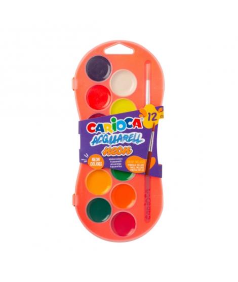 Carioca Acuarell Neon Pack de 12 Acuarelas en Pastillas de Ø 30mm - Brillantes - Facilmente Mezclables - Colores Neon Surtidos