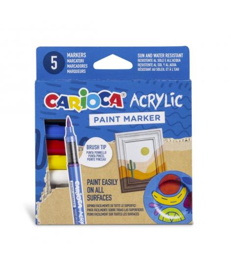 Carioca Acrylic Pack de 5 Marcadores de Pintura Acrilica - Punta Pincel - Tinta a Base de Agua - Alta Cobertura - Colores Surtid