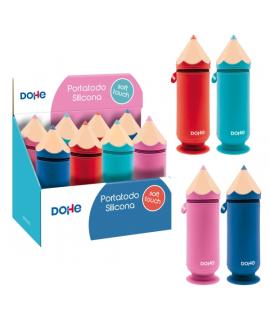 Dohe Lapiz Expositor con 8 Portatodos Simples de Silicona con Forma de Lapiz - Cierre con Cremallera y Tirador de Goma - Con Ven