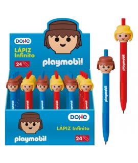 Dohe Playmobil Expositor de 24 Lapices Infinitos - Grip de Caucho - Se Borra Facilmente - Decorados con Motivos de los Muñecos P