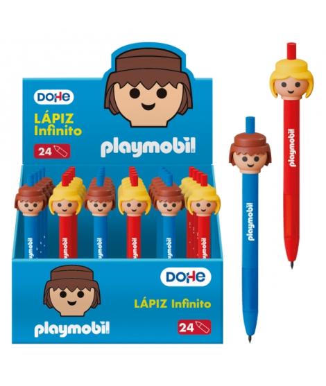 Dohe Playmobil Expositor de 24 Lapices Infinitos - Grip de Caucho - Se Borra Facilmente - Decorados con Motivos de los Muñecos P