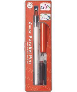 Pilot Pack de Pluma Estilografica Parallel Pen 1.5mm - Punta de Acero - Trazo de 1.5mm - 2 Recargas - Color Negro/Rojo