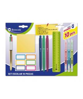 Bismark Pack Escolar con Regla Flexible 15cm, Boligrafo 4 Colores, 3 Marcadores Fluorescentes Doble Punta, Taco Notas Adhesivas 