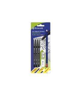 Bismark Pack Escolar con 3 Rotuladores Calibrados Color Negro 0.2, 0.4, 0.8mm, Lapicero HB, Goma, Afilalapiz