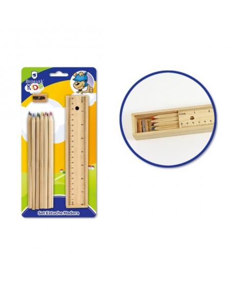 Bismark Pack Escolar con Estuche de Madera con Tapa Regla, 12 Lapices de Colores y Sacapuntas