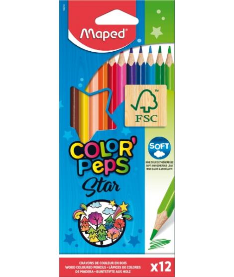 Maped Color´Peps Star Pack de 12 Lapices de Colores Triangulares - Mina Suave - Madera Certificada FSC - Colores Surtidos