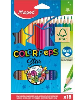 Maped Color´Peps Star Pack de 18 Lapices de Colores Triangulares - Mina Suave - Madera Certificada FSC - Colores Surtidos