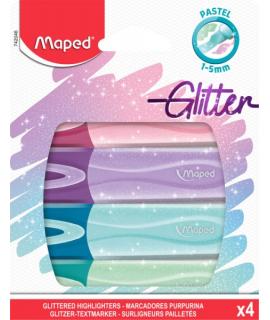 Maped Glitter Pastel Pack de 4 Marcadores Fluorescentes Pastel con Purpurina - Punta Biselada - Trazo de 1 a 5mm - Ideal para Su