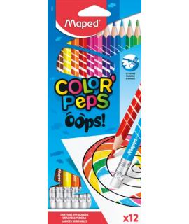 Maped Color´Peps Oops Pack de 12 Lapices de Colores Borrables - Mina 2.9mm - Con Goma de Borrar - Sin Madera - Colores Surtidos